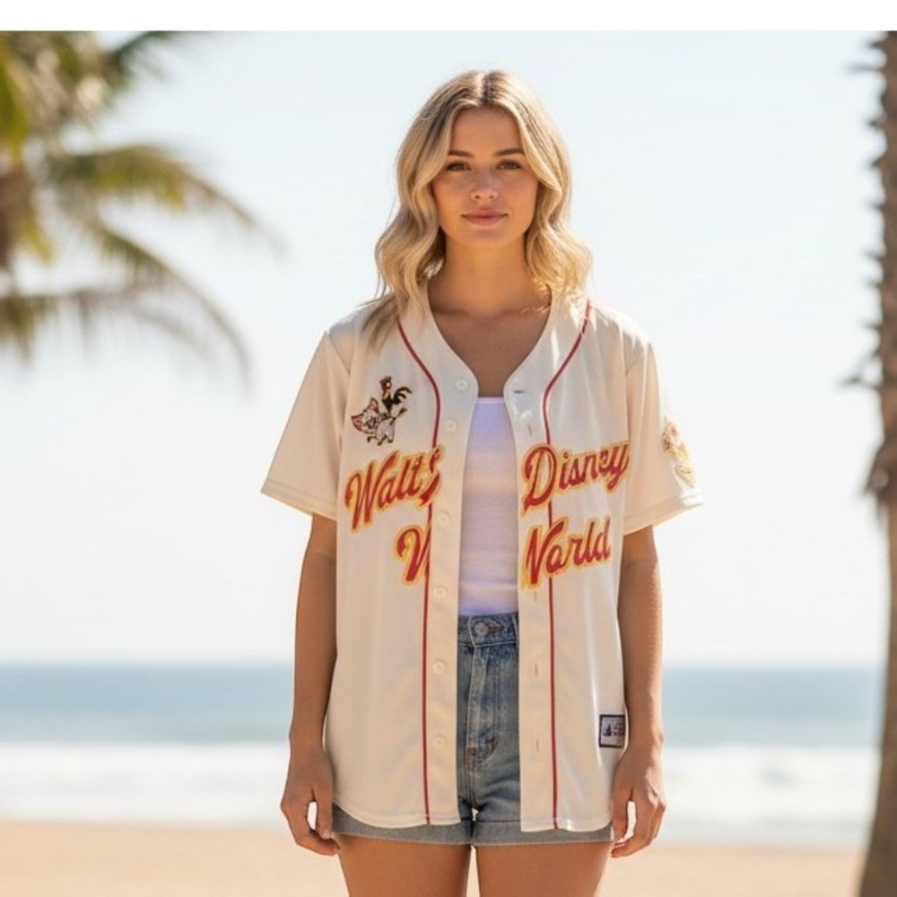 Disney Parks Moana Baseball Jersey Pua Hei Hei Cream Red Size Small